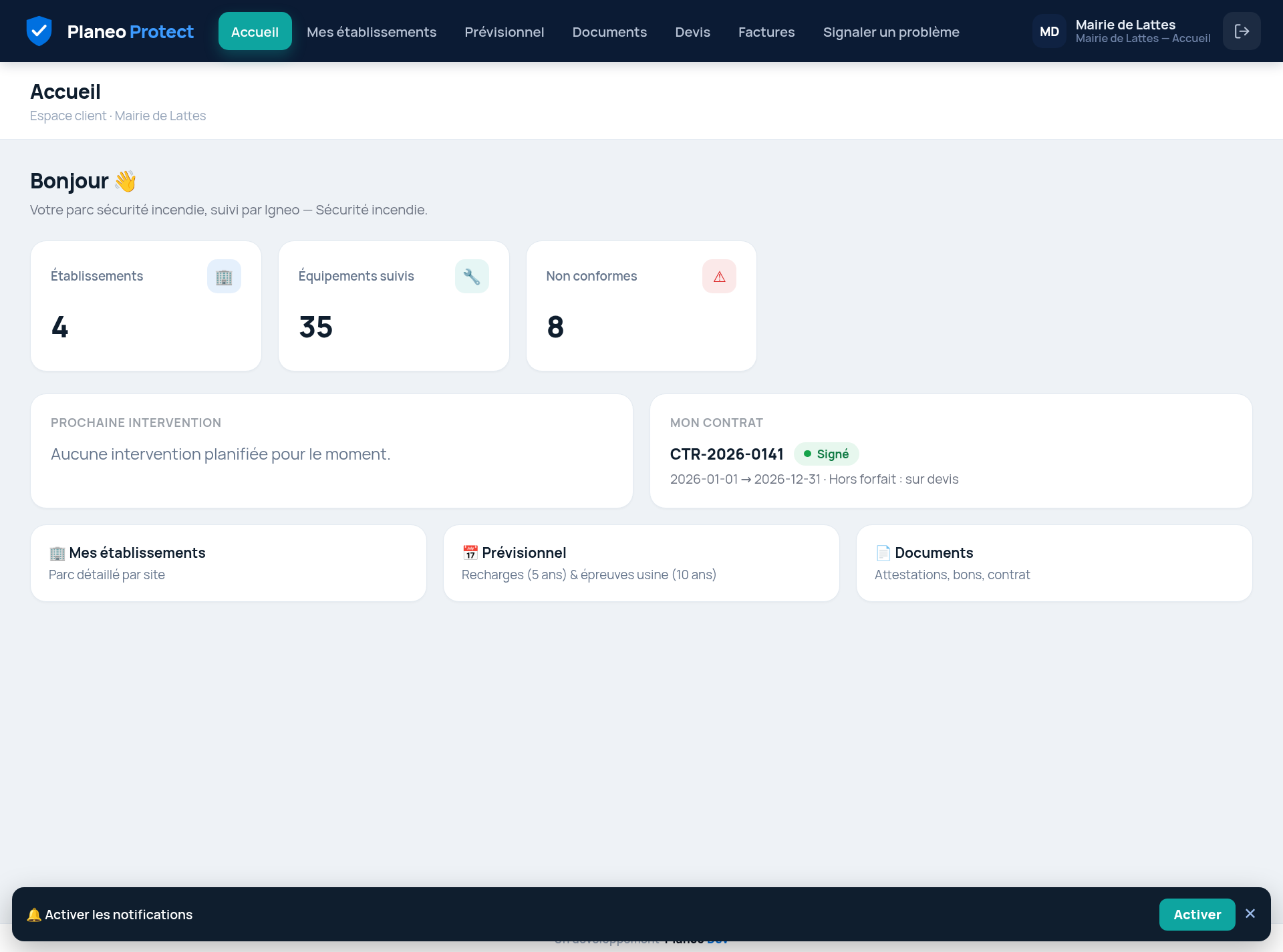 Espace client — tableau de bord