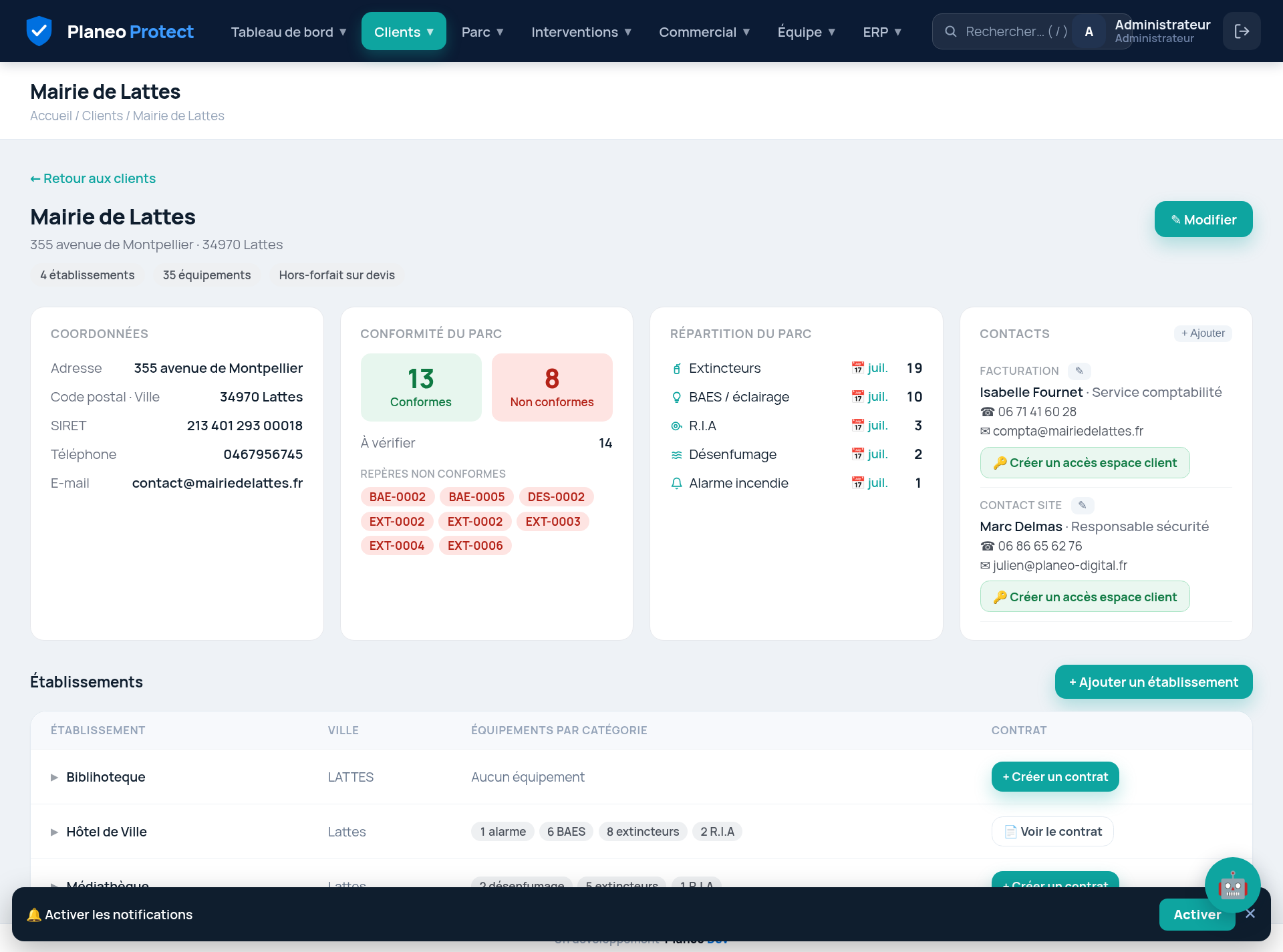 Fiche client — parc et documents